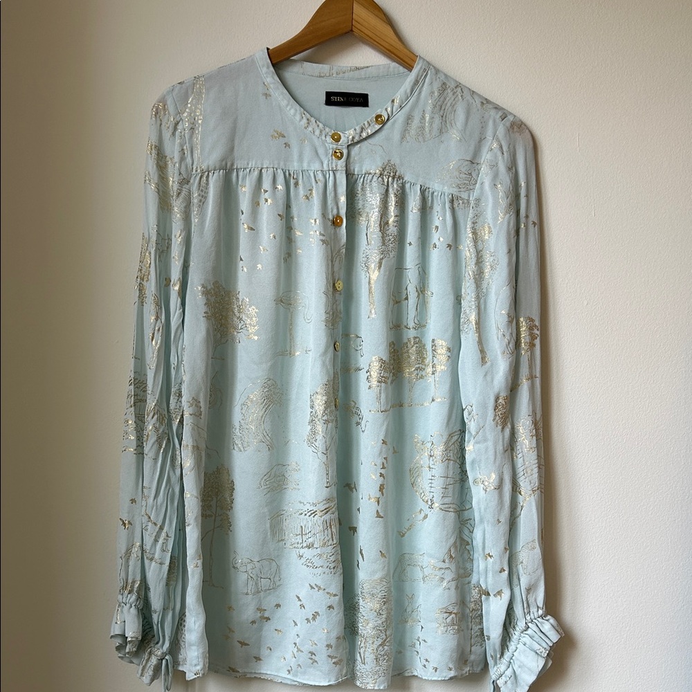 STINE GOYA Pale Blue Shirt with Gold Metallic Motif